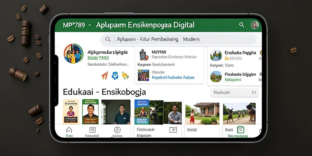Antarmuka pengguna MVP789 menampilkan fungsi pencarian dan kategori artikel Ensiklopedia.