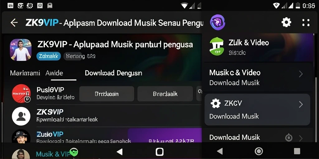 Tampilan antarmuka aplikasi ZK9VIP untuk download musik yang user-friendly.